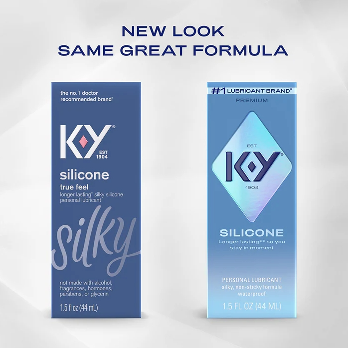 K-Y Premium Silicone Personal Lubricant 1.5 Oz packaging showcasing new look and long-lasting formula.
