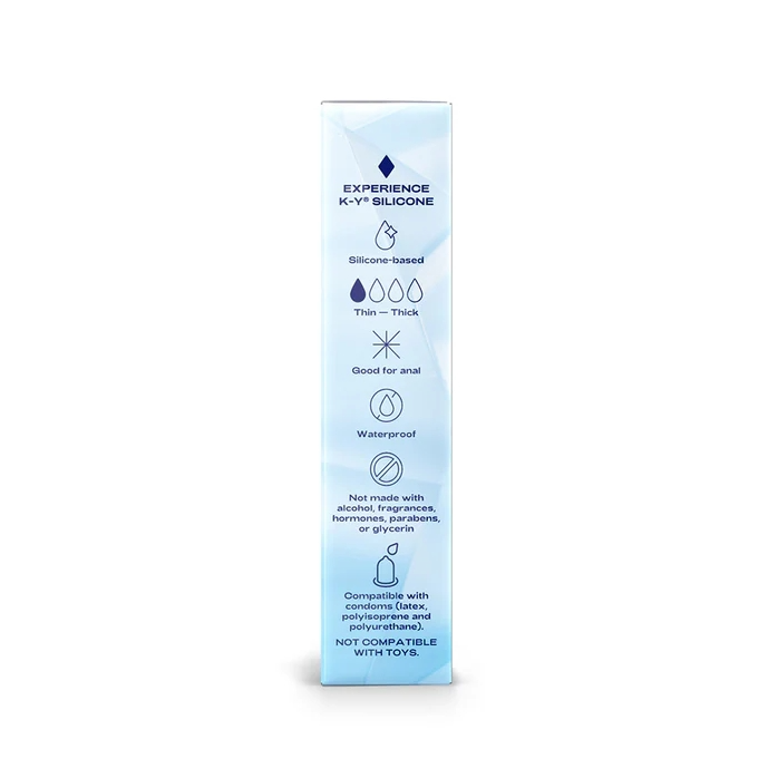 K-Y Premium Silicone Personal Lubricant 1.5 Oz packaging highlighting features like waterproof, silicone-based, and compatibility.