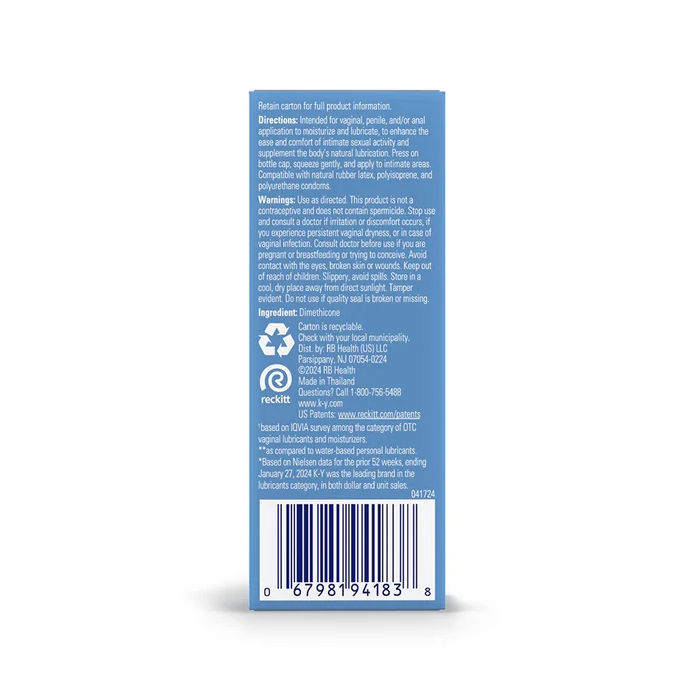K-Y Premium Silicone Personal Lubricant 1.5 Oz product packaging with usage directions and ingredient information.