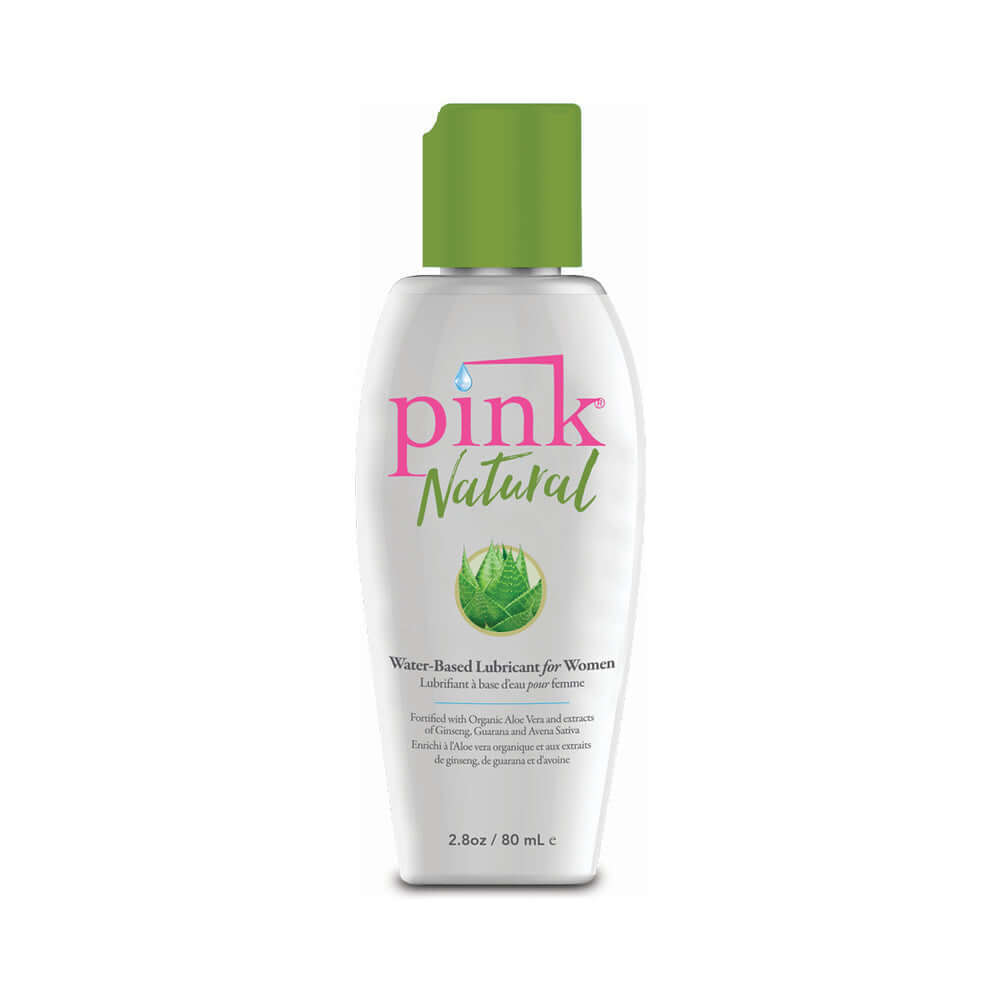 Pink Natural Water-Based Lubricant 2.8 Oz bottle with green top and aloe vera gel for enhanced comfort and hydration.
