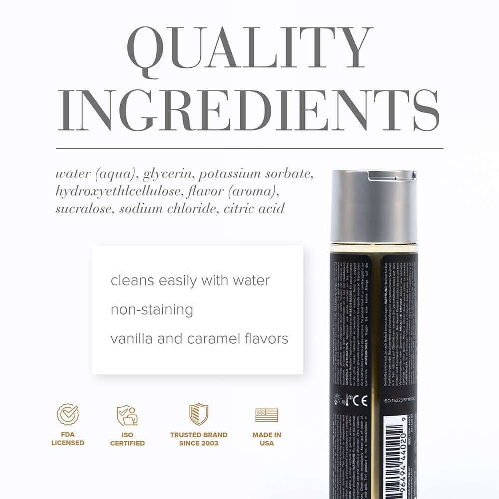 Ingredients list for JO Gelato Creme Brulee Water-Based Lubricant 4 Oz including water, glycerin, and flavor.