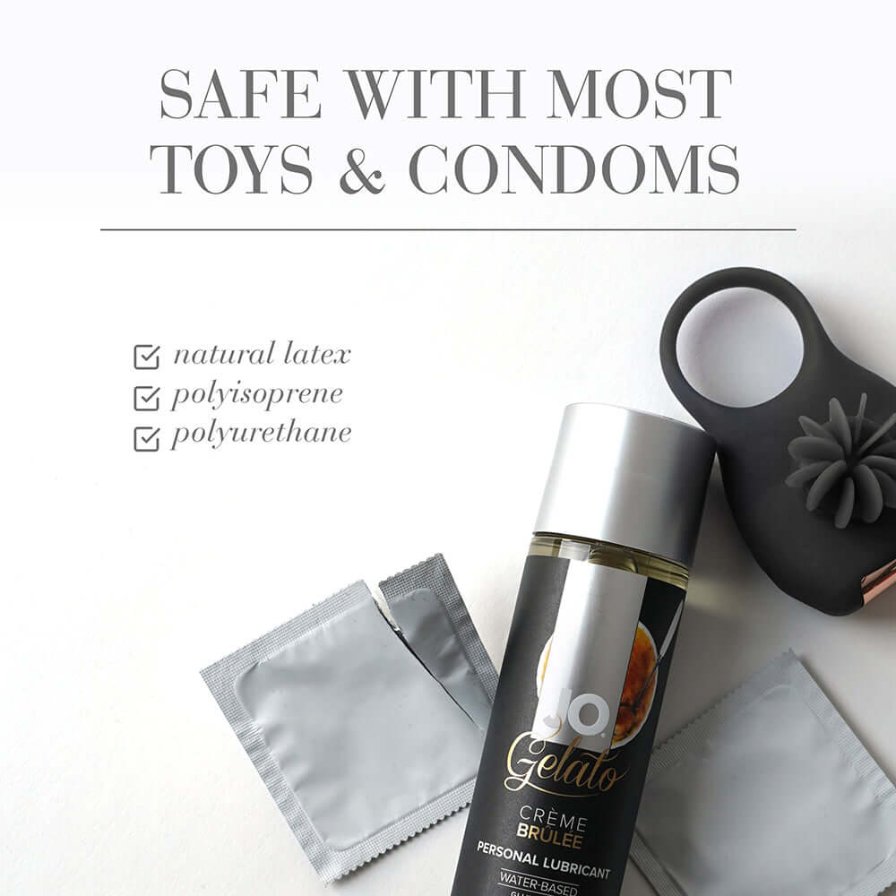 JO Gelato Creme Brulee Water-Based Lubricant 4 Oz with condoms and toys, indicating safety with natural latex.