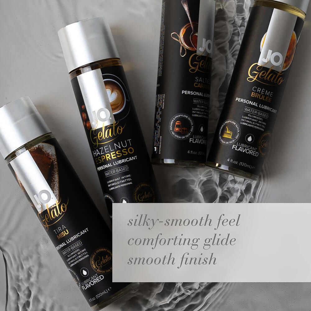 JO Gelato Creme Brulee Water-Based Lubricant 4 Oz alongside Hazelnut Espresso and Tiramisu, featuring silky smooth textures.