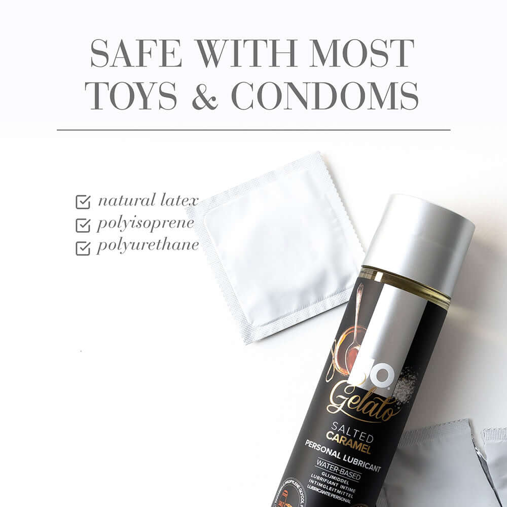 JO Gelato Salted Caramel Flavored Water-Based Lubricant 4 Oz with condom compatibility information.