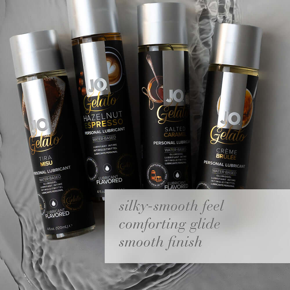 JO Gelato Salted Caramel Flavored Water-Based Lubricant 4 Oz displayed with other flavors on a stylish background.