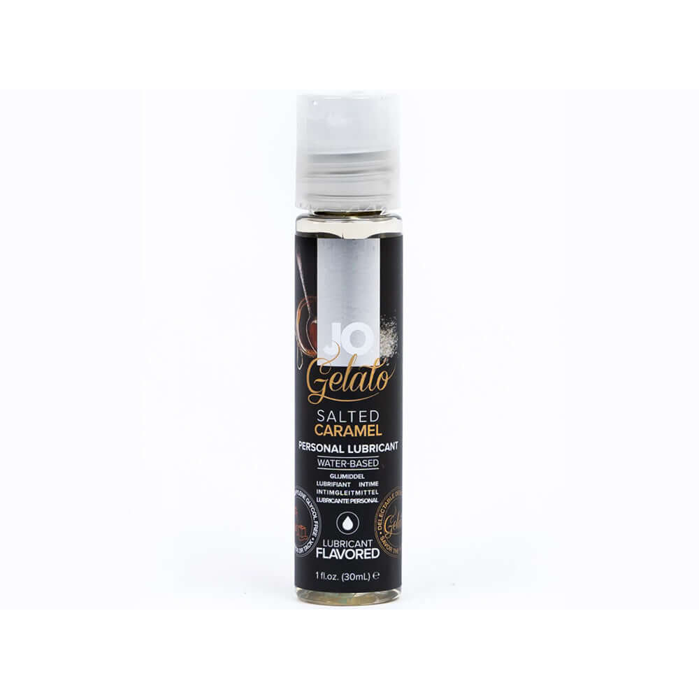 JO Gelato Salted Caramel Water-Based Lubricant 1 Oz in a clear bottle with a black label and flavor details.