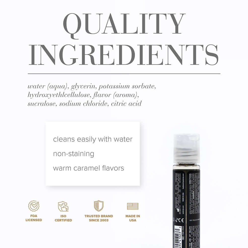 JO Gelato Salted Caramel Water-Based Lubricant 1 Oz quality ingredients including water and glycerin with flavor notes.