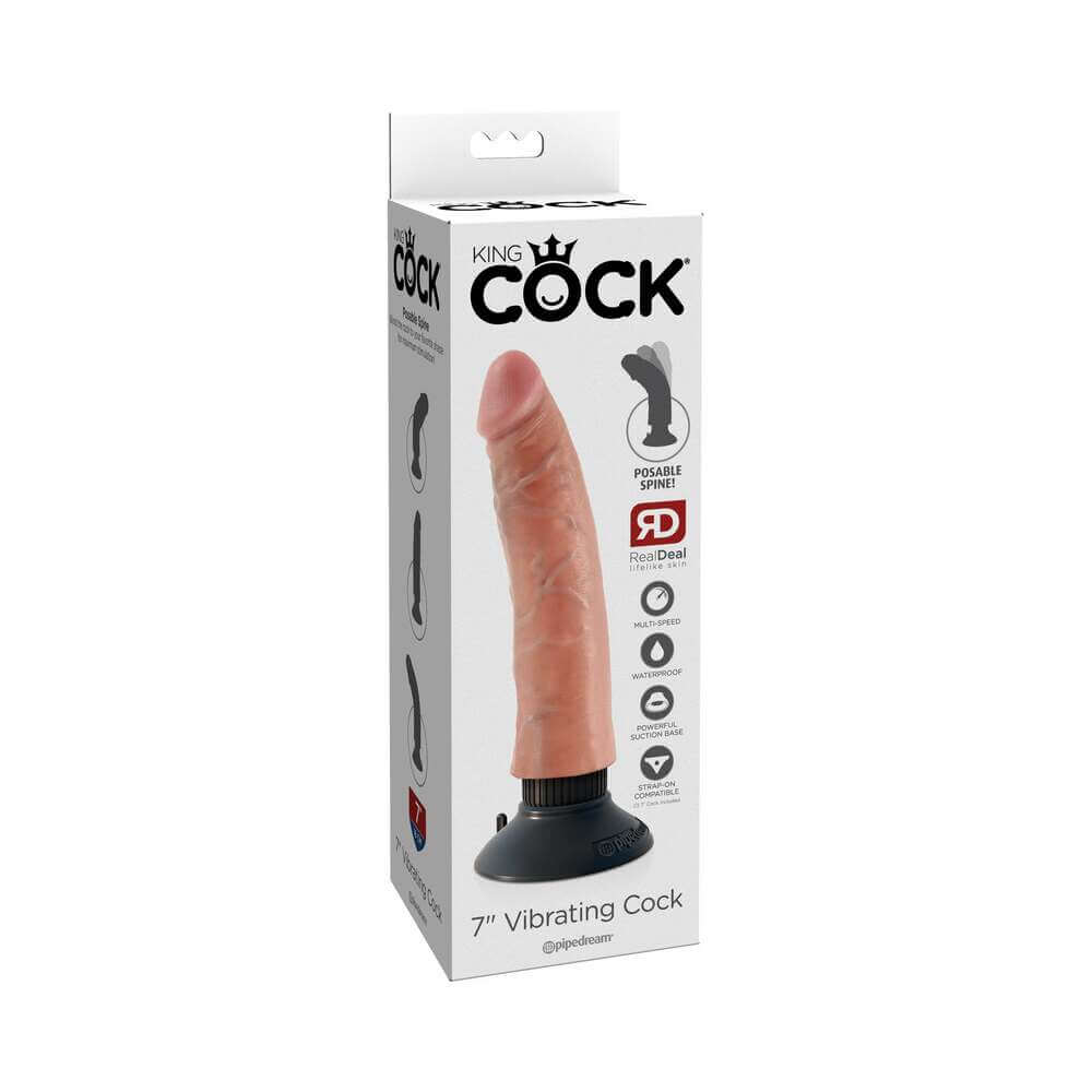 King Cock 7 inches Vibrating Cock Poseable Dildo With Suction Cup Beige