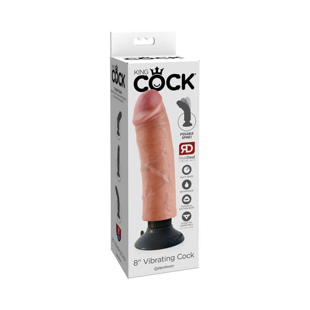 King Cock 8 inches Vibrating Cock Poseable Dildo With Suction Cup Beige