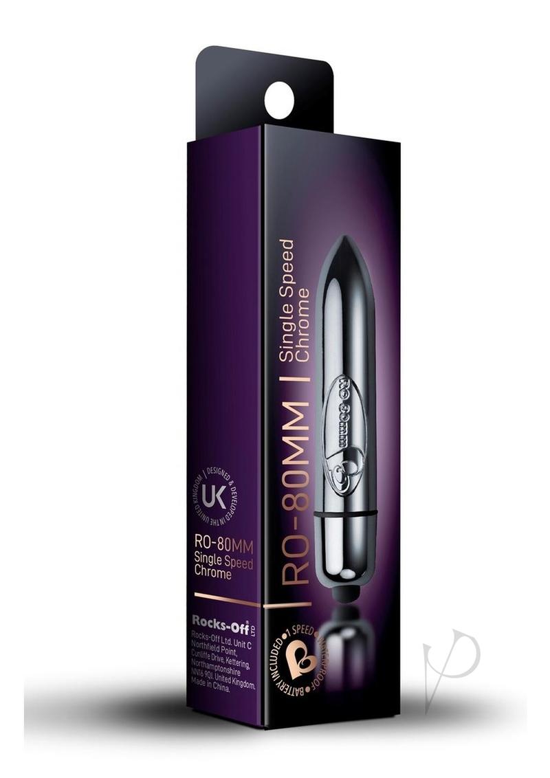RO 80mm Single Speed Bullet Vibrator Chrome packaging showcasing sleek design and compact size.