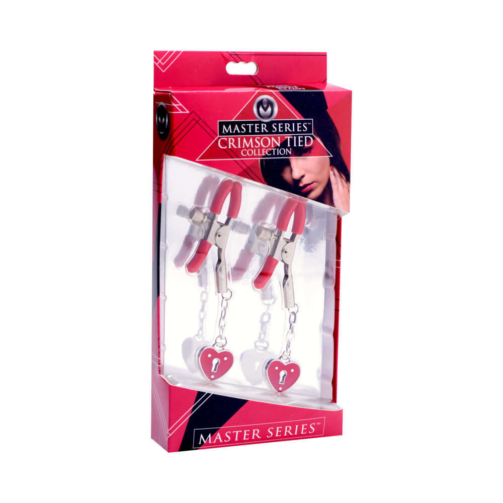 Master Series Crimson Tied Charmed Heart Padlock Nipple Clamps