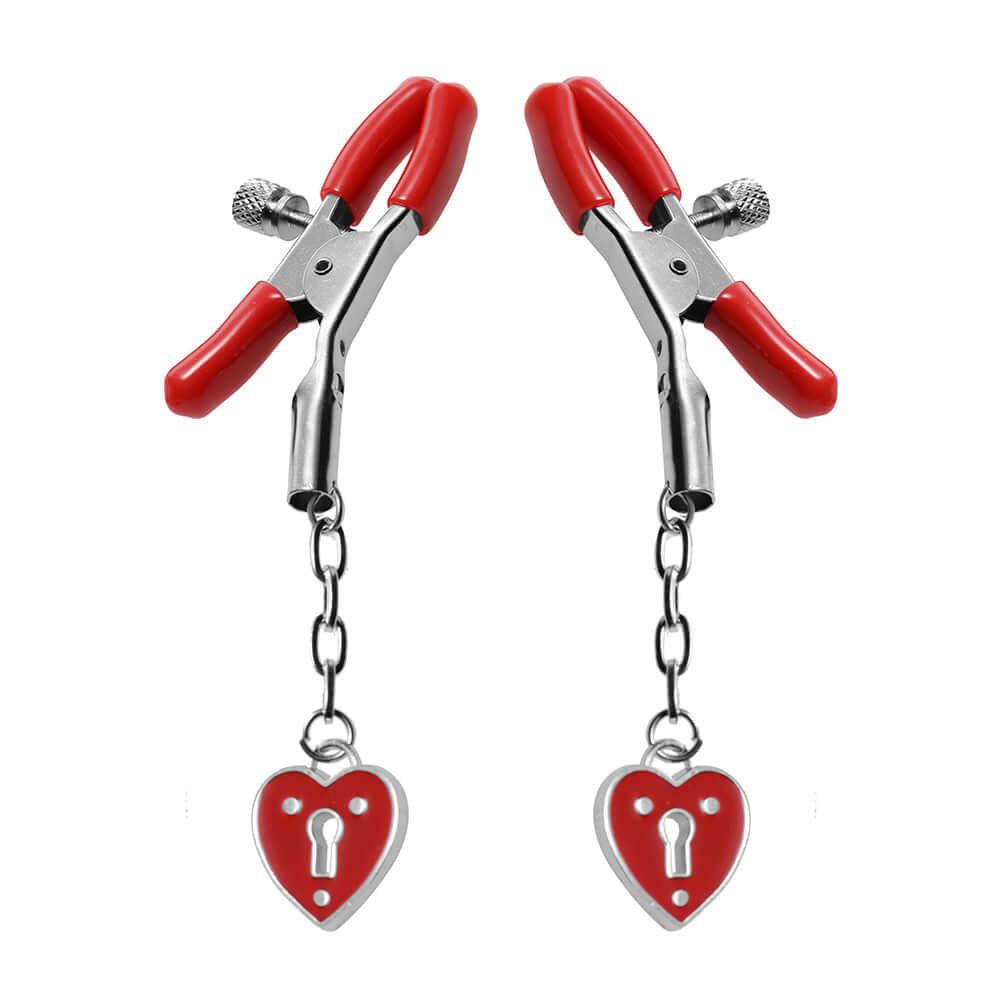 Master Series Crimson Tied Charmed Heart Padlock Nipple Clamps
