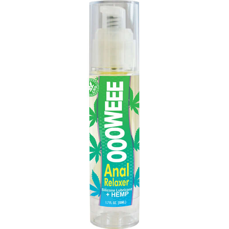 OOOWEE Anal Relaxing Silicone Lubricant 1.7 Oz bottle with a clear pump dispenser and hemp leaf design.