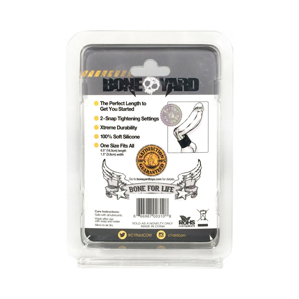 Boneyard Silicone Ball Strap 1.5 inches Stretcher Black packaging back view with features and instructions.