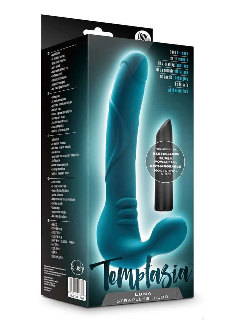 Temptasia Luna Strapless Vibrating Dildo with Bullet 9 inch Teal in packaging, showcasing its design and features.