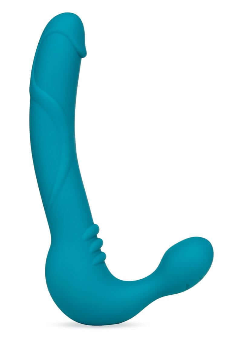 Temptasia Luna Strapless Vibrating Dildo with Bullet 9 inch Teal, a premium silicone pleasure toy with curved design.