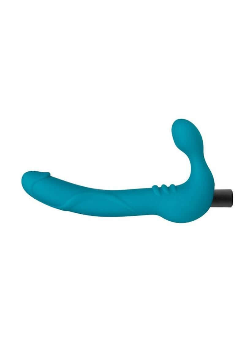 Temptasia Luna Strapless Vibrating Dildo with Bullet 9 inch Teal side view image showcasing its curved design and silicone material.