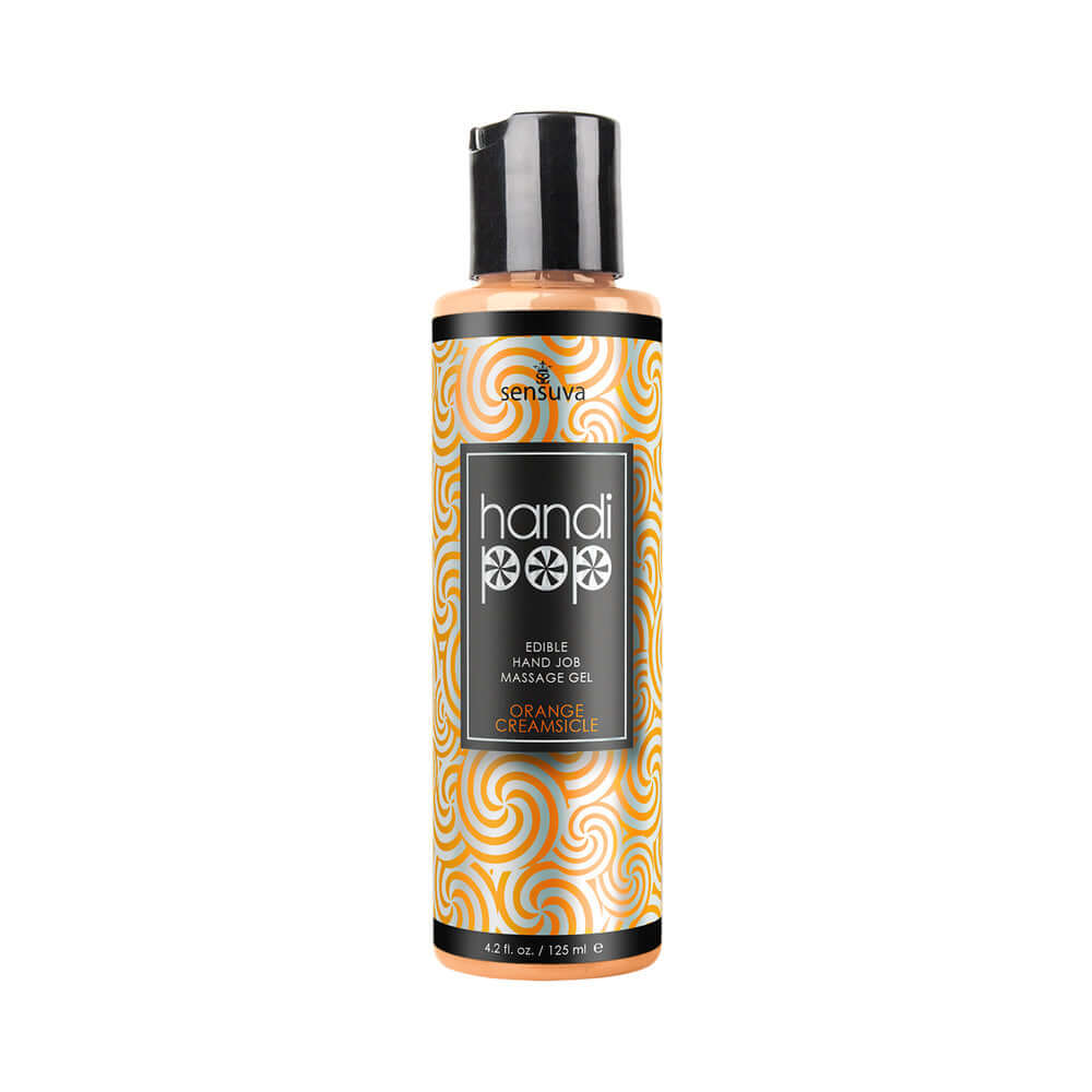 Sensuva HandiPop Edible Hand Job Massage Gel Orange Creamsicle 4.2 Oz in a bottle with an orange swirl design.