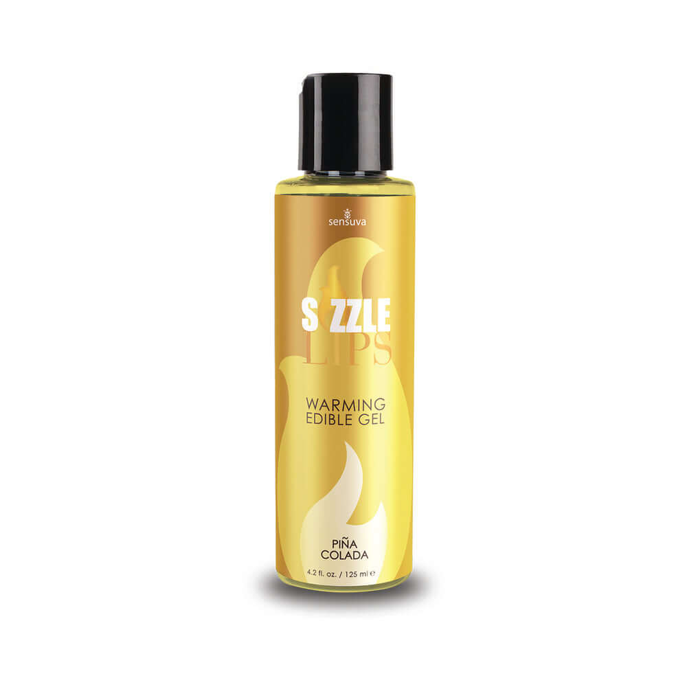 Sensuva Sizzle Lips Warming Edible Gel Pina Colada 4.2 Oz in a bottle with a yellow label and black cap.
