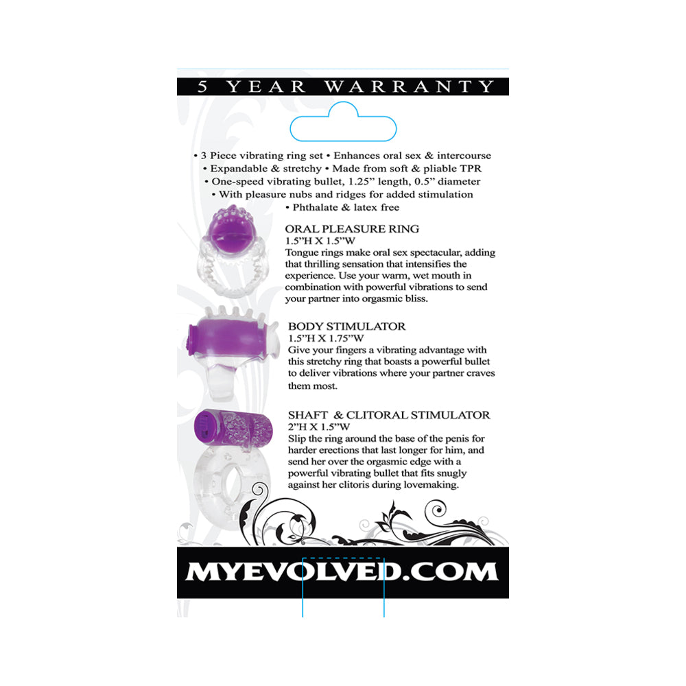 Evolved Ring True 3-Piece Vibrating Ring Set Clear/Purple