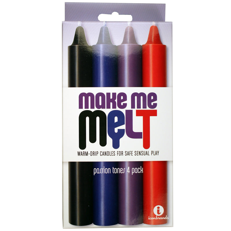 Make Me Melt Warm Drip Candles 4 Pack Passion Tones for safe sensual play in vibrant colors.