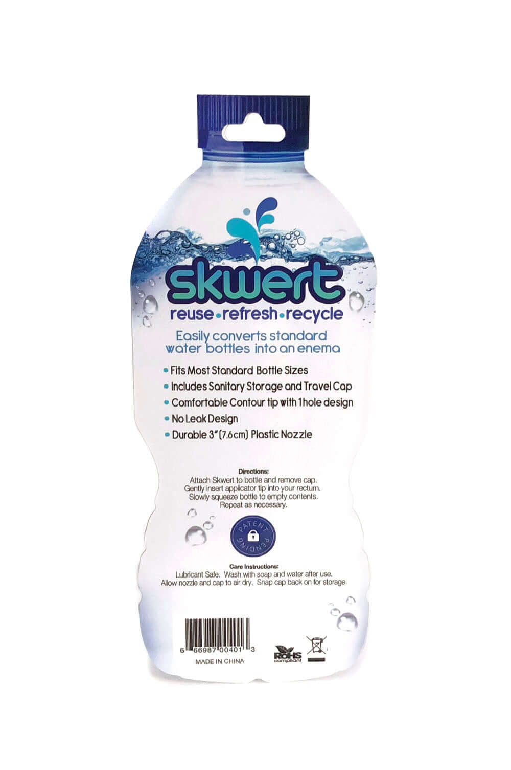 Boneyard Skwert Blue cleansing accessory for converting water bottles into an enema system, easy to use and travel-friendly.
