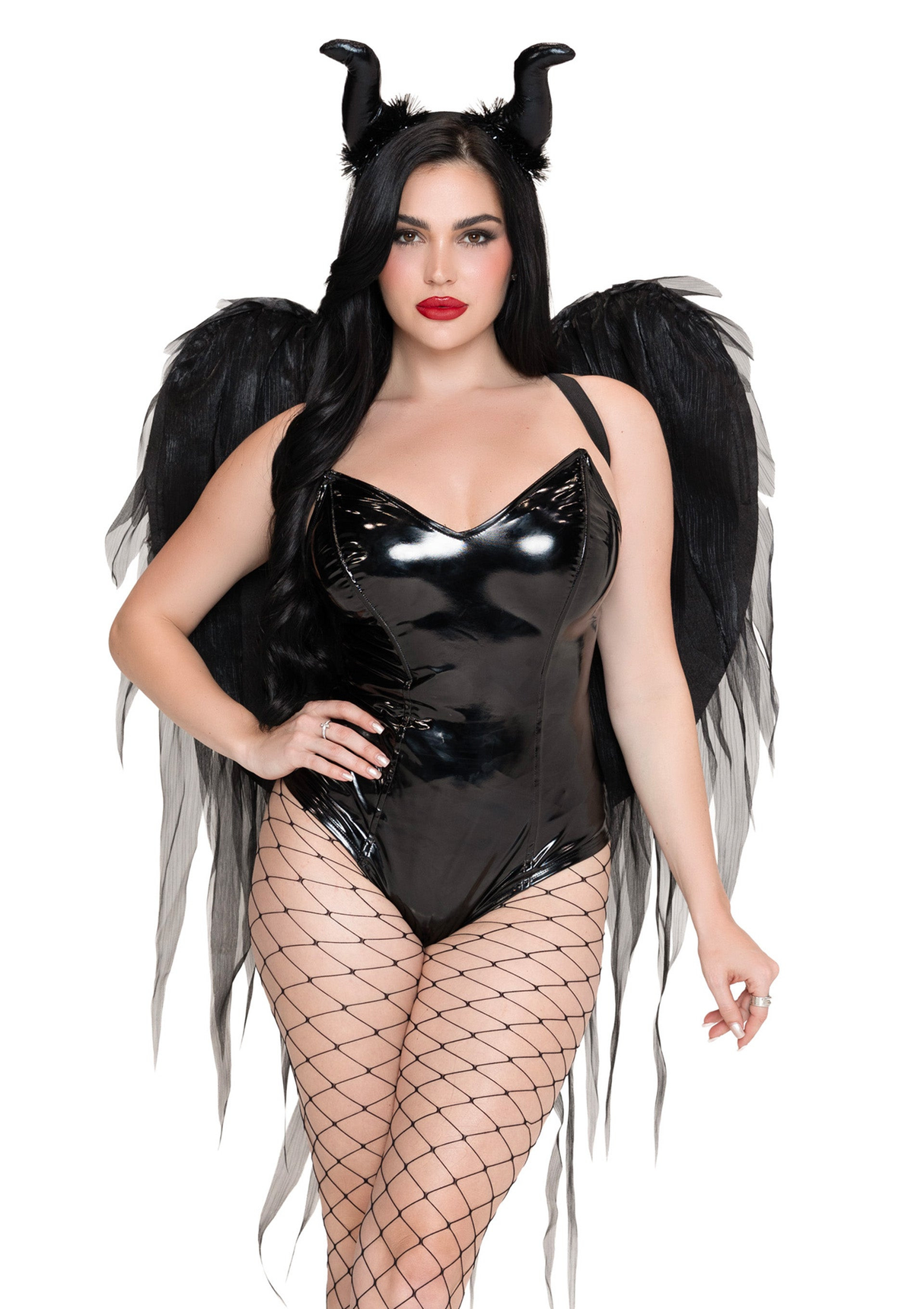 Leg Avenue Dark Enchantress Chiffon Wings & Horn Headband Black model wearing black bodysuit and chiffon wings.