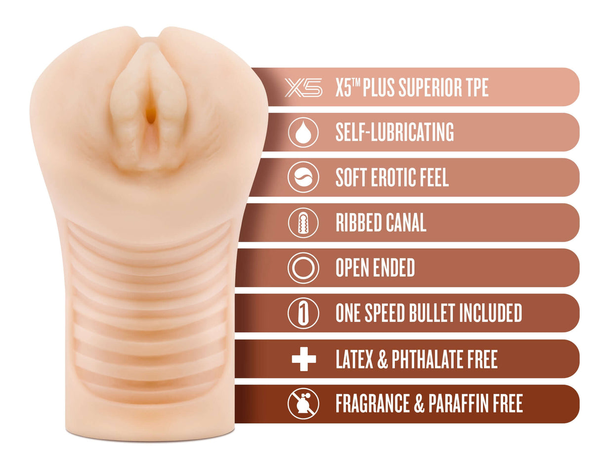M Elite Soft and Wet Annabella Pussy Stroker Beige with features including self-lubricating, soft feel, and open-ended design.