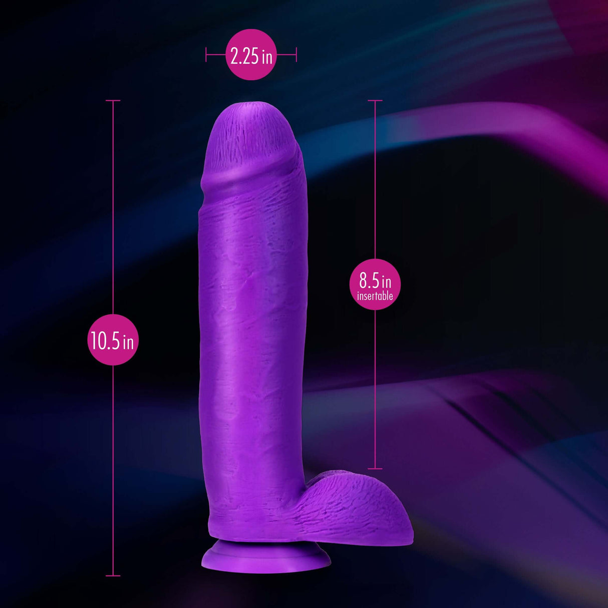 Neo Elite 10 Inch Silicone Dual Density Cock with Balls Purple dimensions showing 10.5 in total length and 2.25 in width.