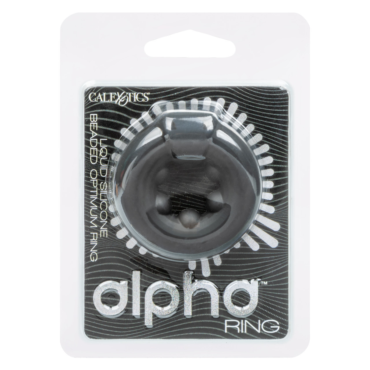 Alpha Liquid Silicone Beaded Optimum Ring Black packaging featuring a sleek design and beaded texture for enhanced pleasure.