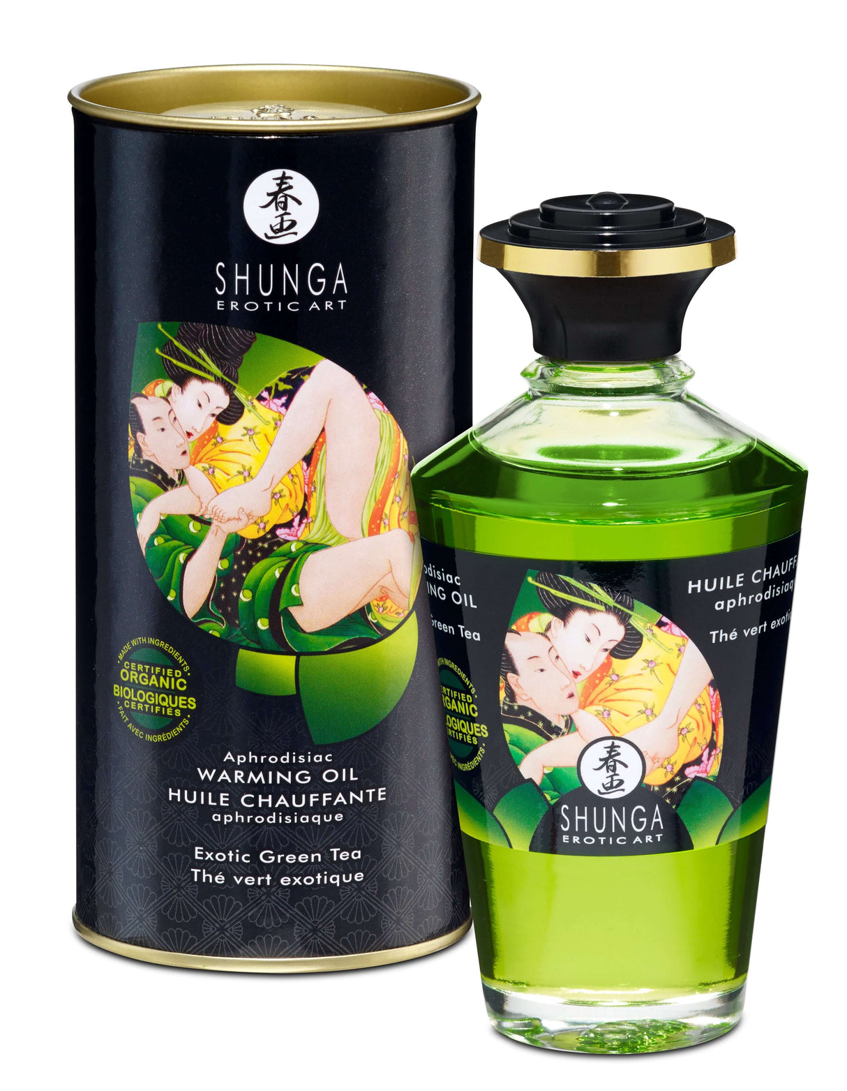 Shunga Aphrodisiac Warming Oil Exotic Green Tea 3.5 Oz bottle and packaging with romantic design.