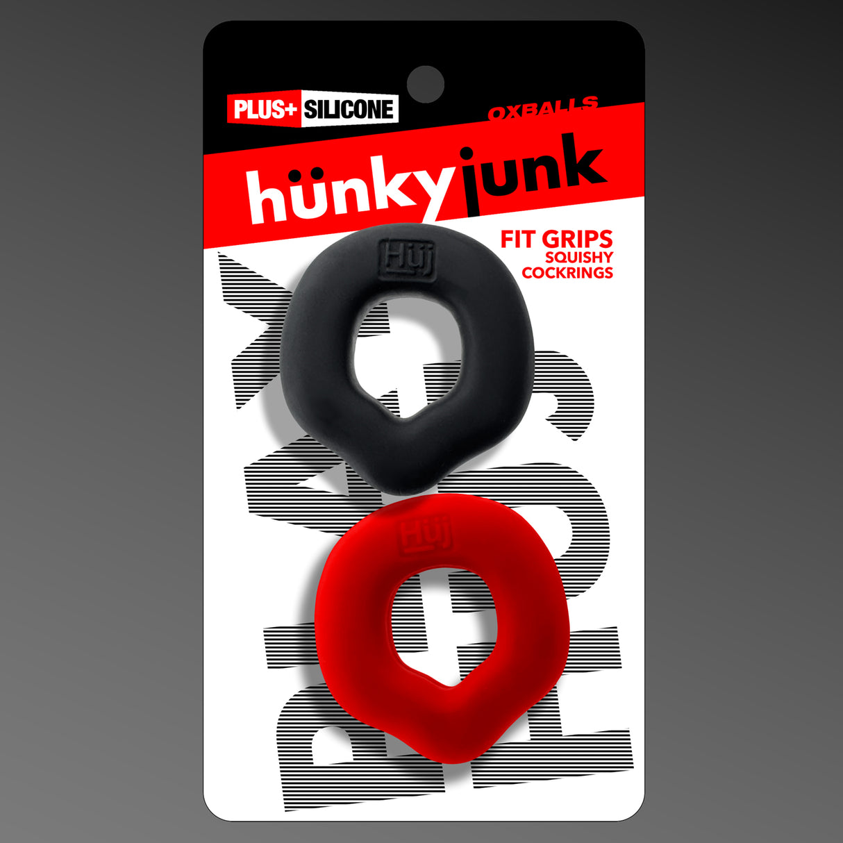 Oxballs Fit Grips 2-Pack Ergo-Fit Cockrings Black Red showcasing thick silicone rings on packaging.