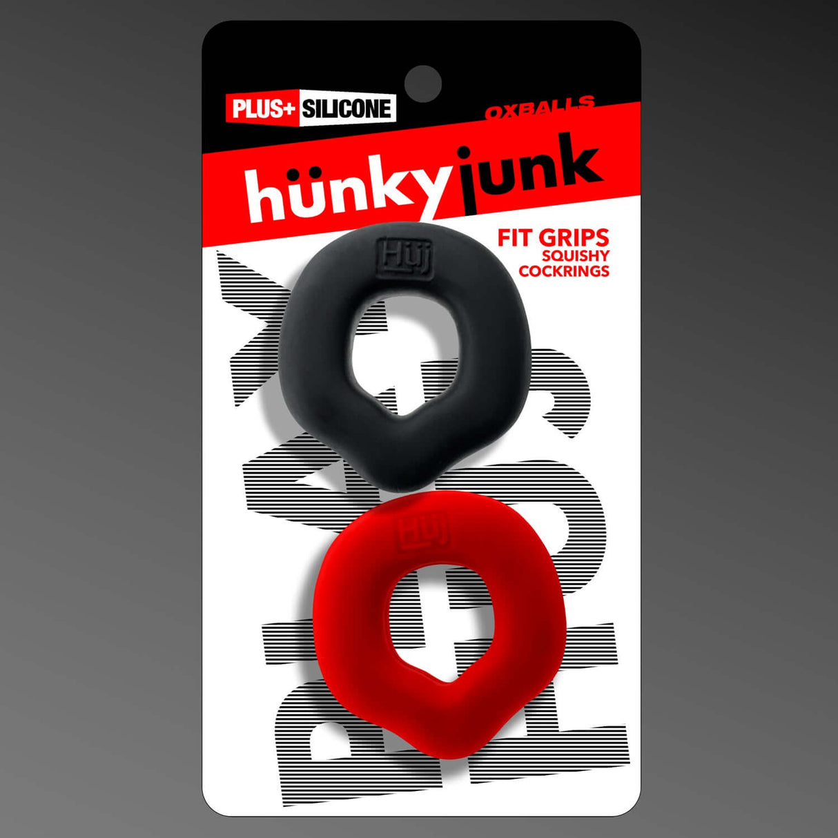 Oxballs Fit Grips 2-Pack Ergo-Fit Cockrings Black Red showcasing thick silicone rings on packaging.