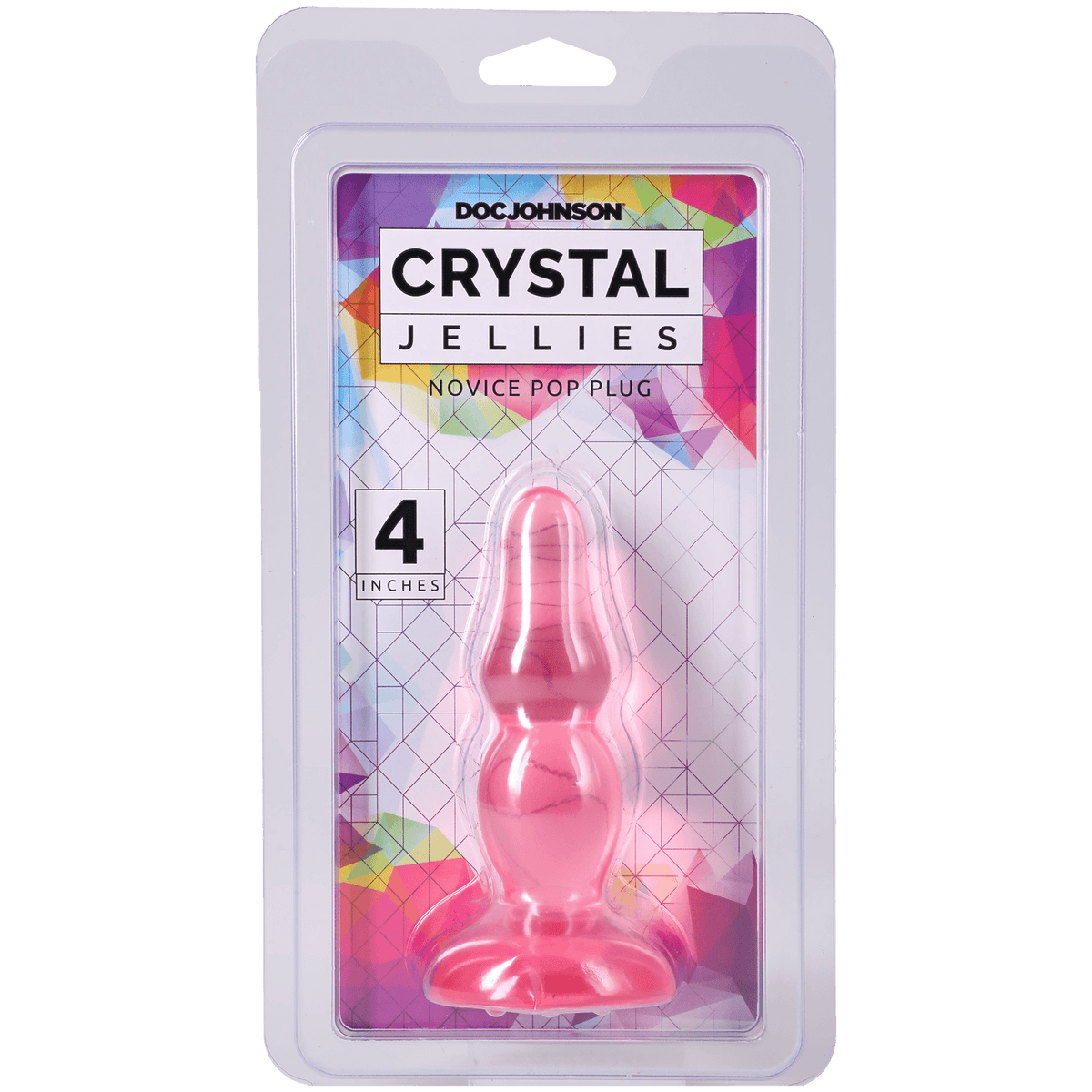 Crystal Jellies Novice Pop Plug 4 Inch Pink packaging displayed with colorful background.