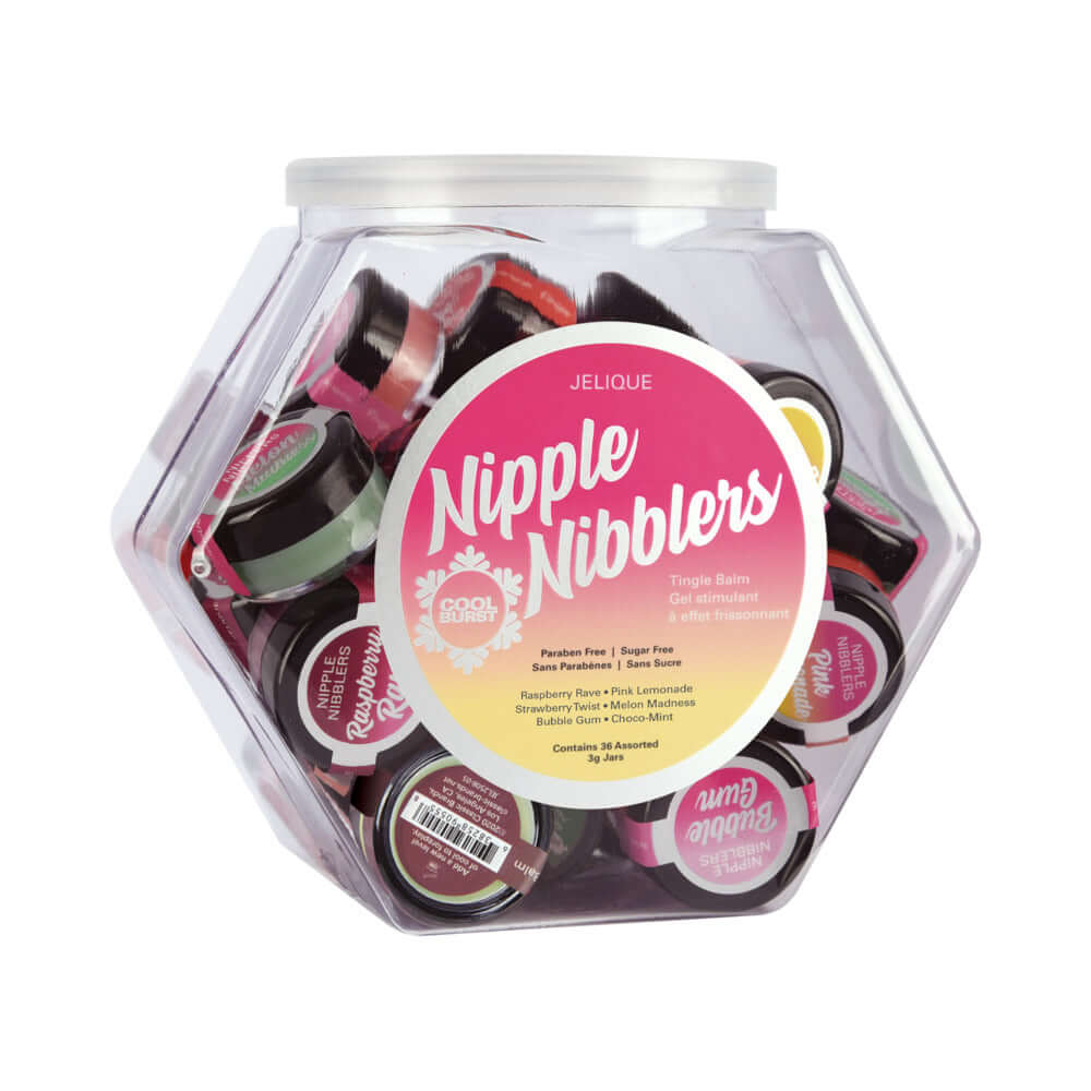 Jelique Nipple Nibbler Tingle Balm Assorted Flavors 36 Pc in a clear container showcasing colorful tins.