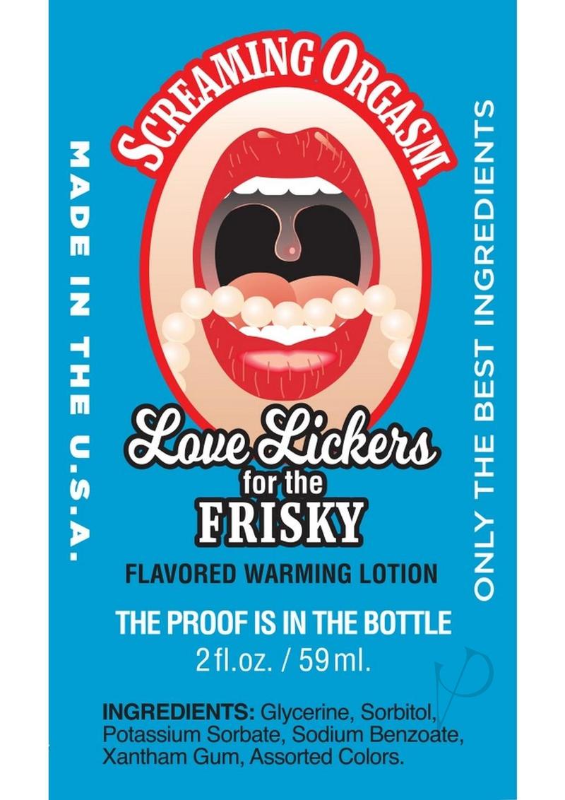 Love Lickers Screamin Orgasm Warming Massage Oil 2 oz label showing flavor and ingredients.