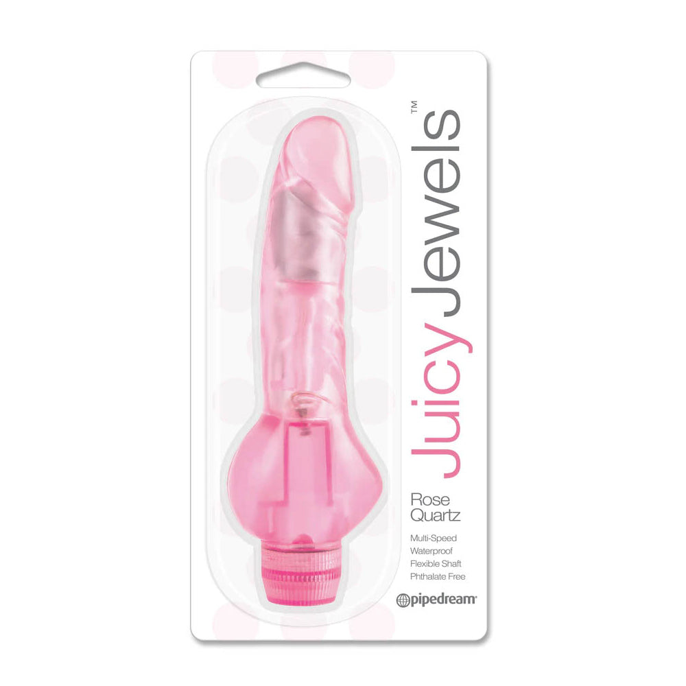 Juicy Jewels Rose Quartz Vibrator Pink in packaging, designed for pleasure with multi-speed settings and waterproof features.