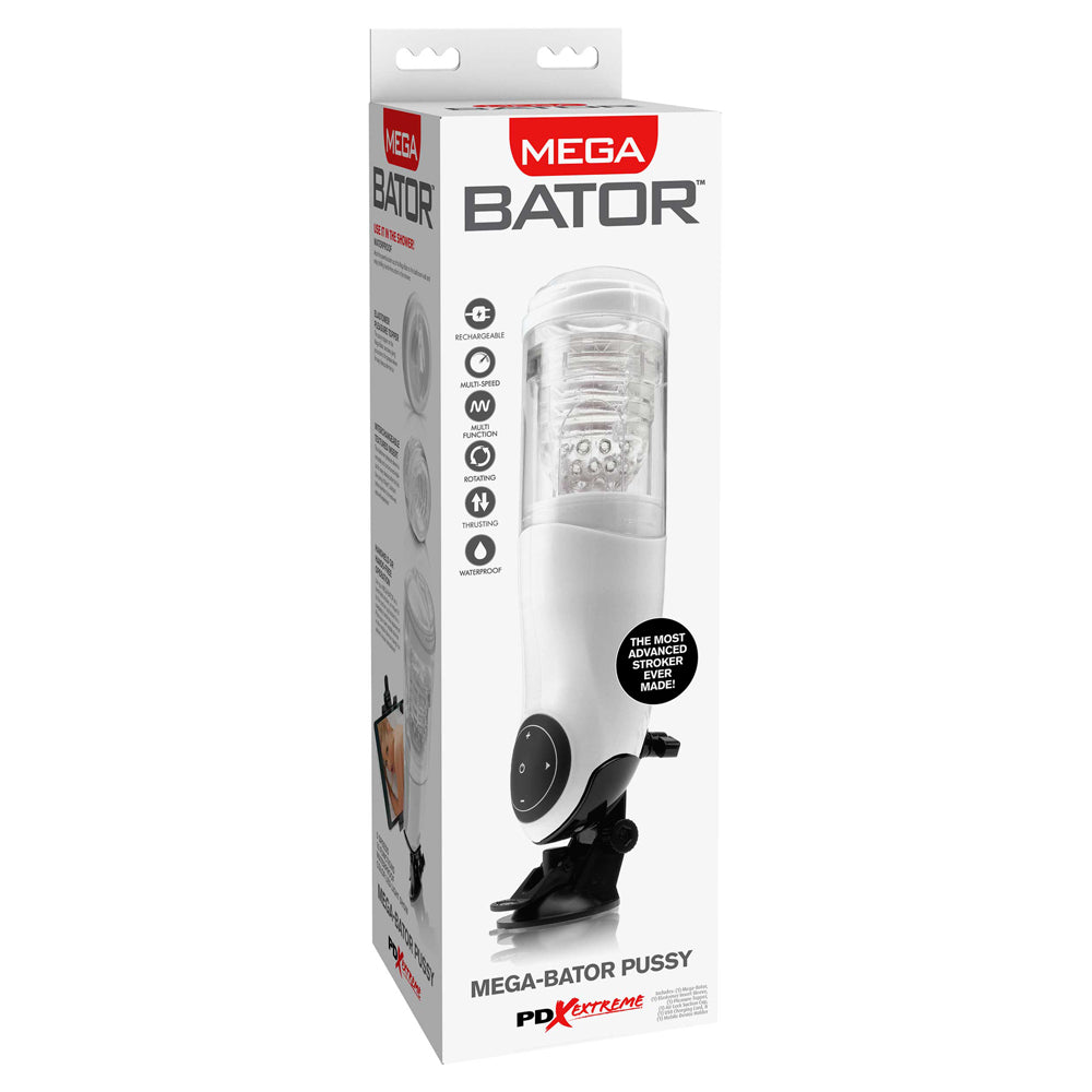 Pipedream Extreme Toyz Mega-Bator Pussy Masturbator packaging featuring advanced stroker design and features.