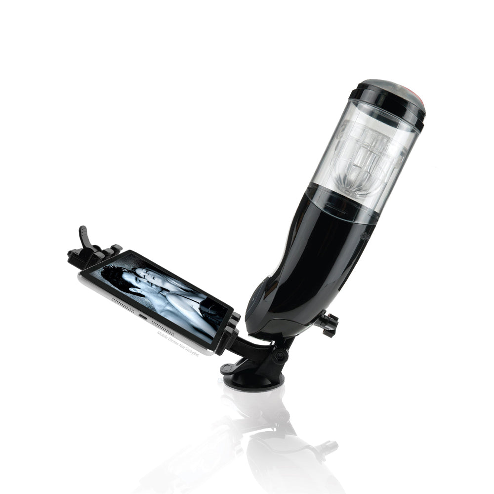 Pipedream Extreme Toyz Mega-Bator Ass Masturbator with mounted phone for hands-free use.