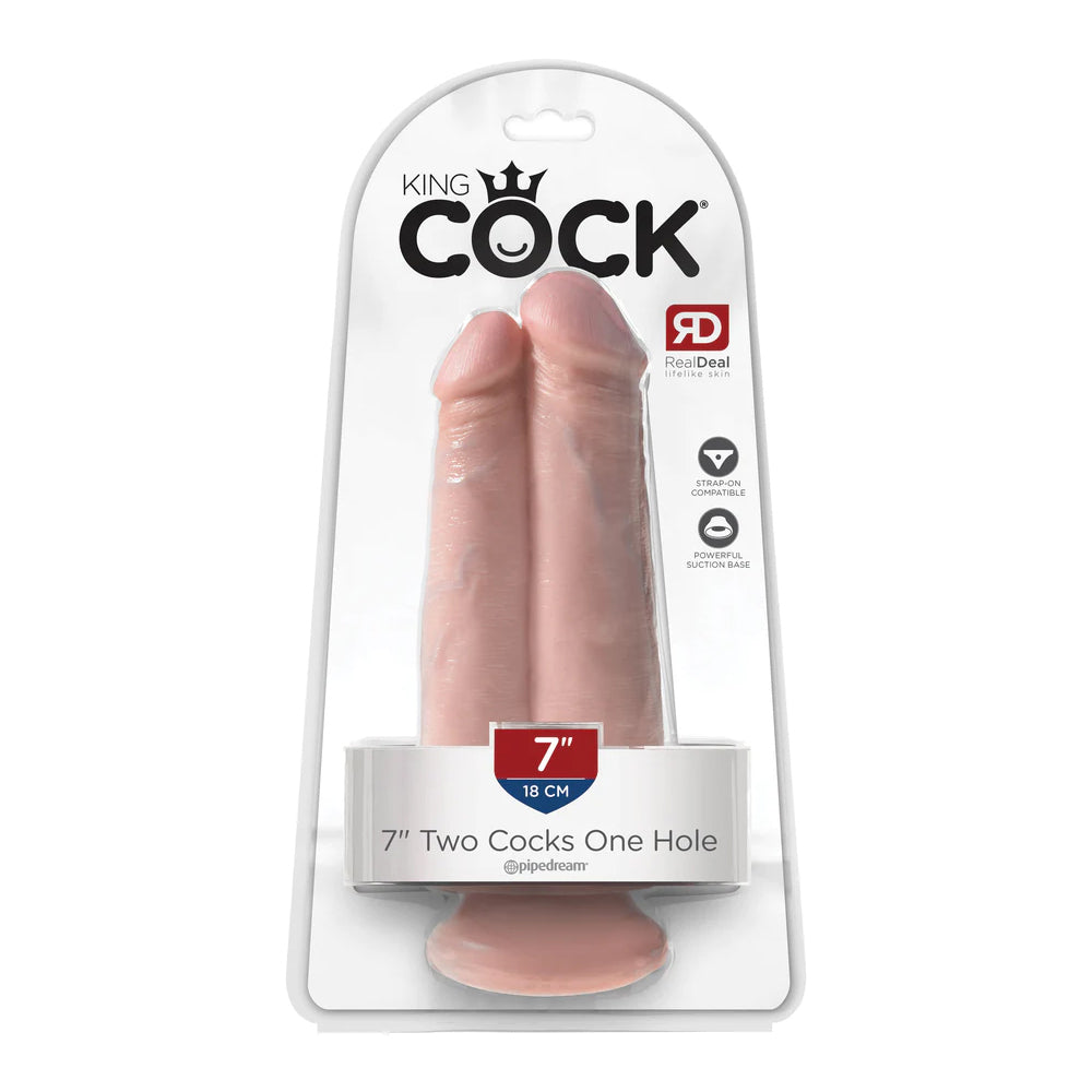 King Cock 7 Inch Two Cocks One Hole Dildo Light packaging showcasing the dual-cock design and suction base.