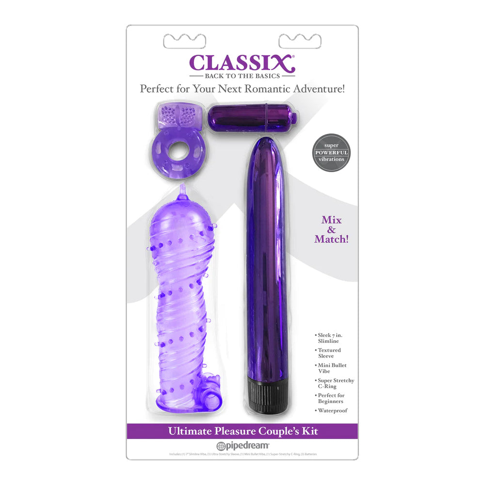 Classix Ultimate Pleasure Couples Kit Purple featuring versatile couple's toys for enhanced romantic play.