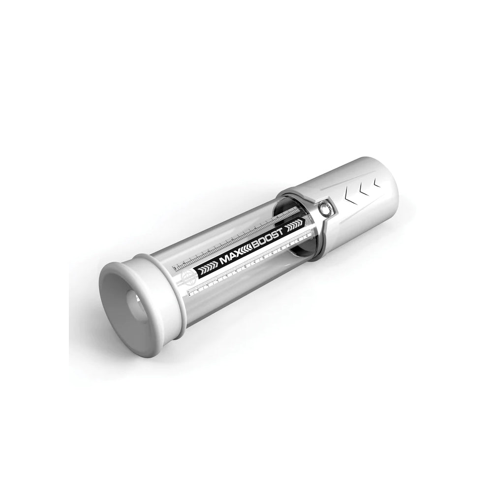 Pump Worx Max Boost Penis Pump White, a manual pump designed for enhanced blood flow and erection size.