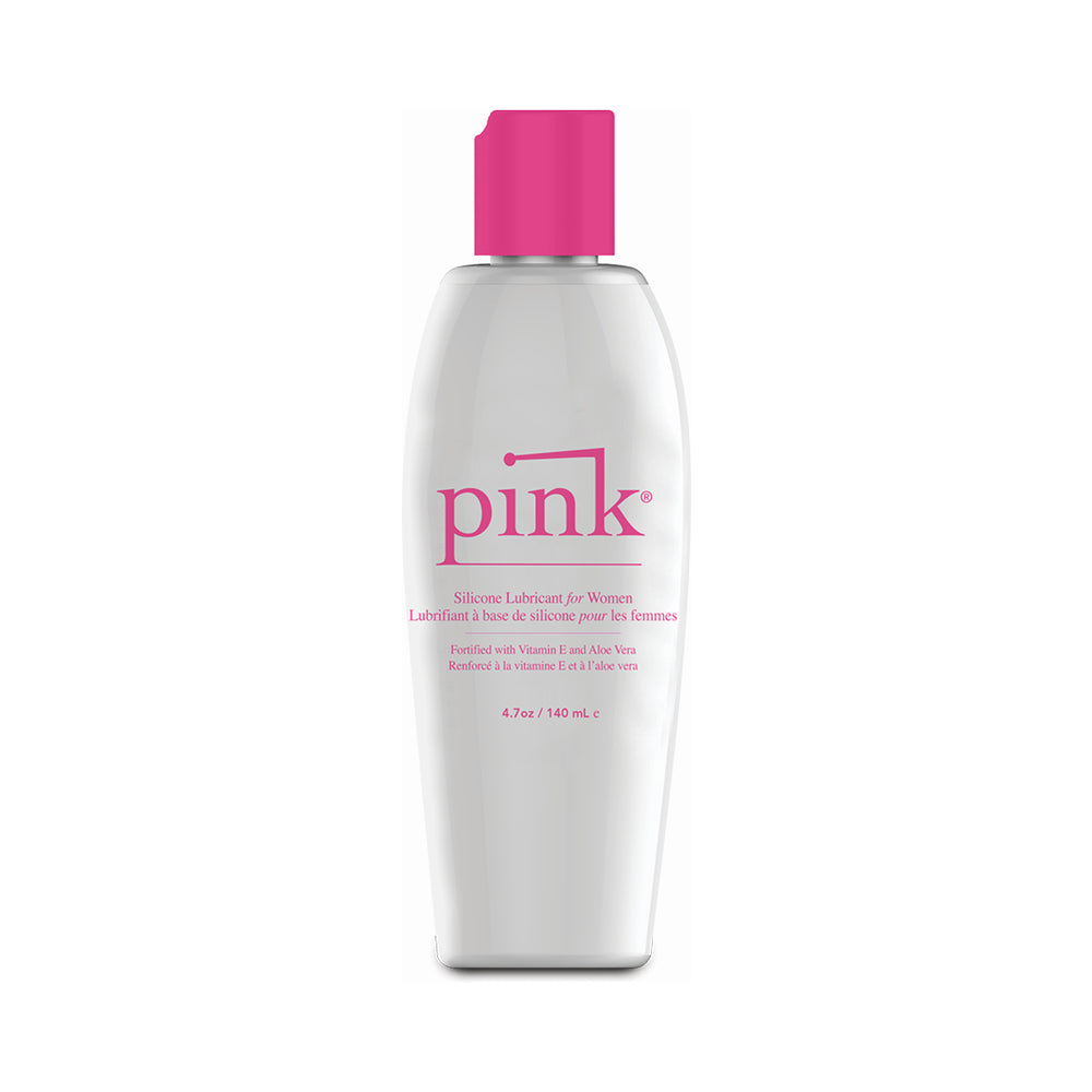 Pink Silicone Lubricant for Women 4.7 Oz in a sleek white bottle with pink cap and branding.