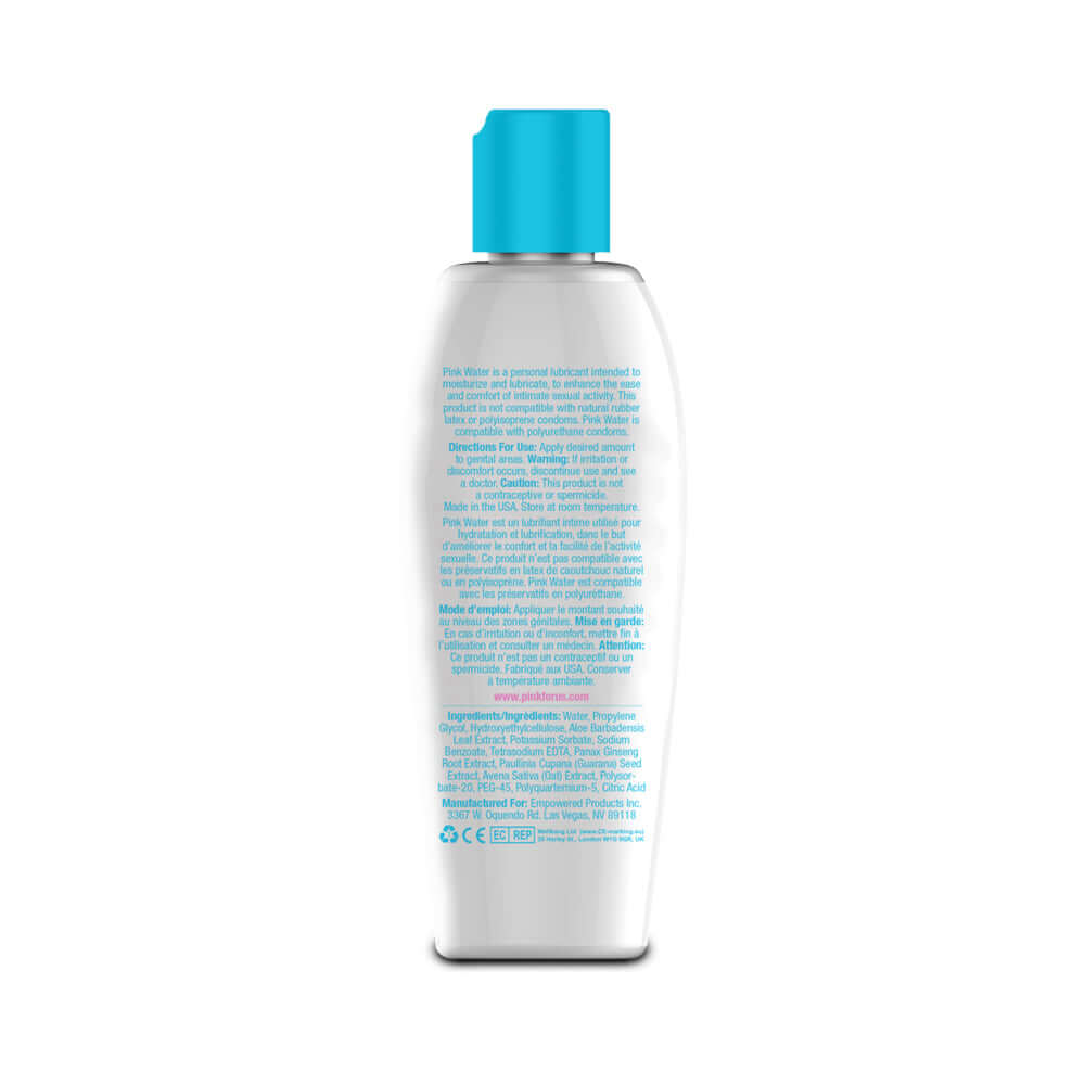 Pink Water Water-Based Lubricant 4.7 Oz bottle showcasing its ingredients and benefits on the back label.