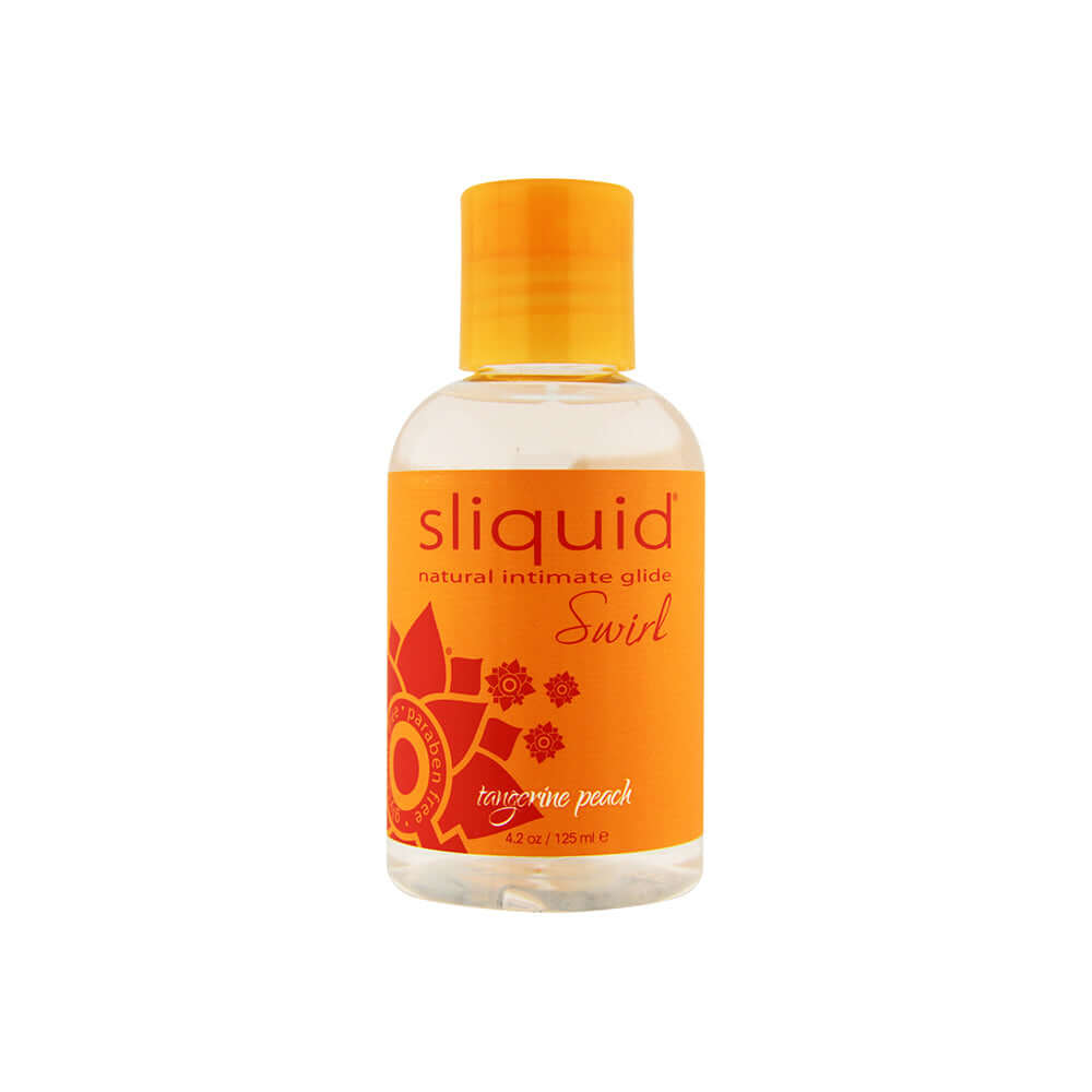 Sliquid Swirl Tangerine Peach Lubricant 4.2 oz bottle with orange label and cap