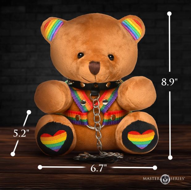 Master Series Pride Bear Plush Novelty Gift in rainbow attire with chain, dimensions shown, colorful and cuddly.