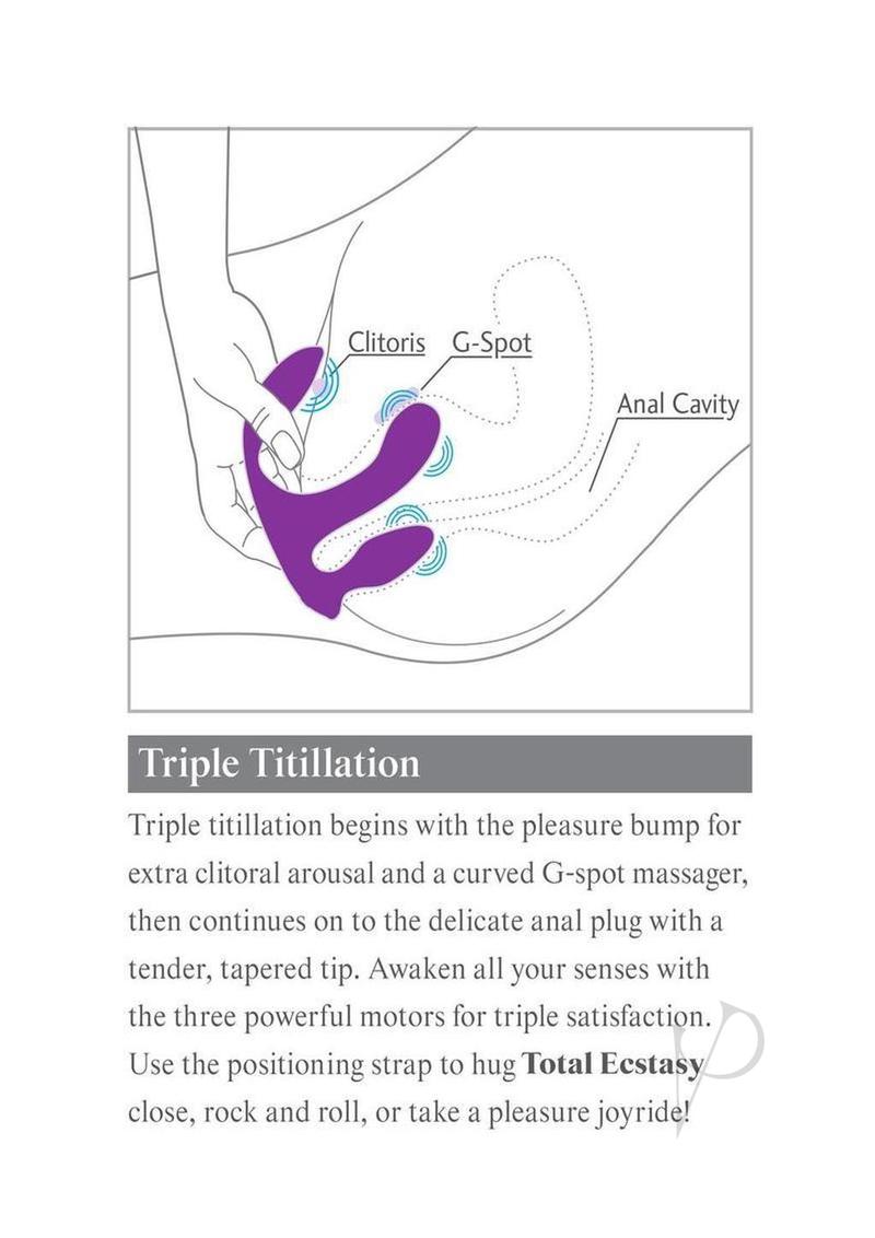 3Some Total Ecstasy Silicone Remote Vibrator Purple illustration showing clitoral, G-spot, and anal cavity stimulation.