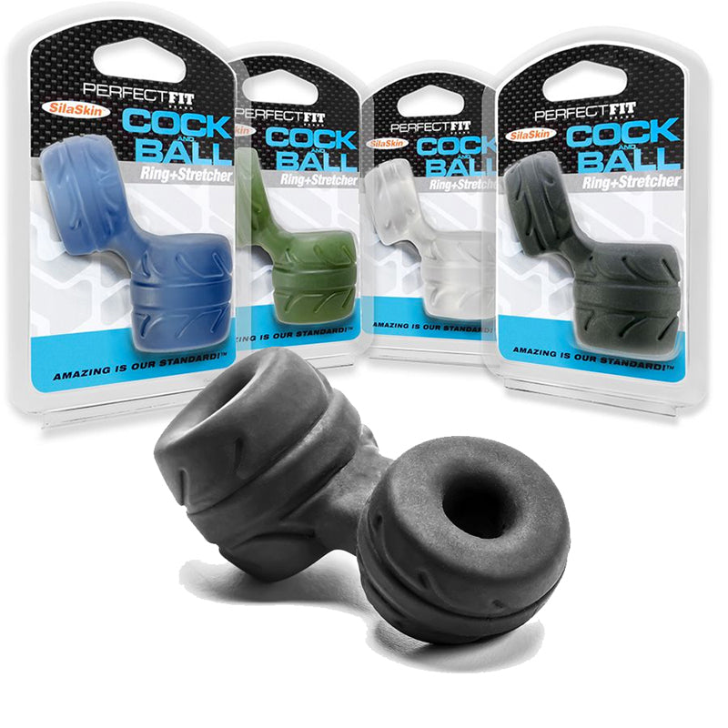 Perfect Fit Cock Ball Ring and Stretcher Black displayed alongside other colors in packaging.