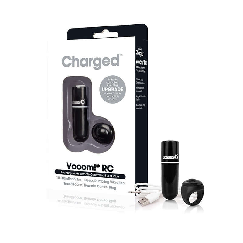 Screaming O Charged Vooom Remote Control Bullet Black with remote and packaging showcasing vibrant design.