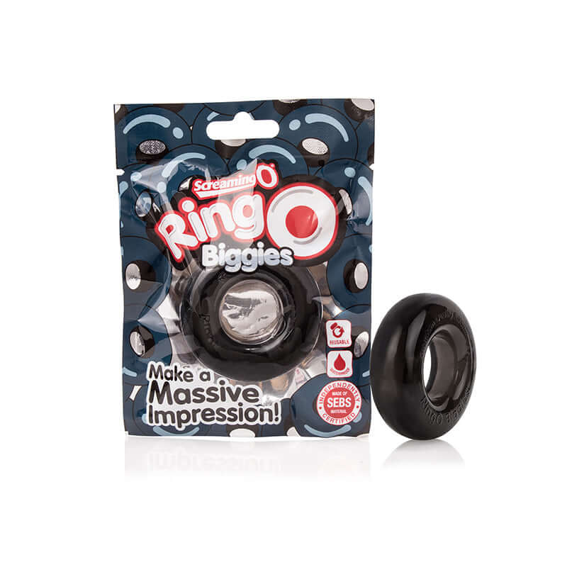 Screaming O RingO Biggies Black packaging with a performance ring displayed, designed for enhanced stamina and comfort.